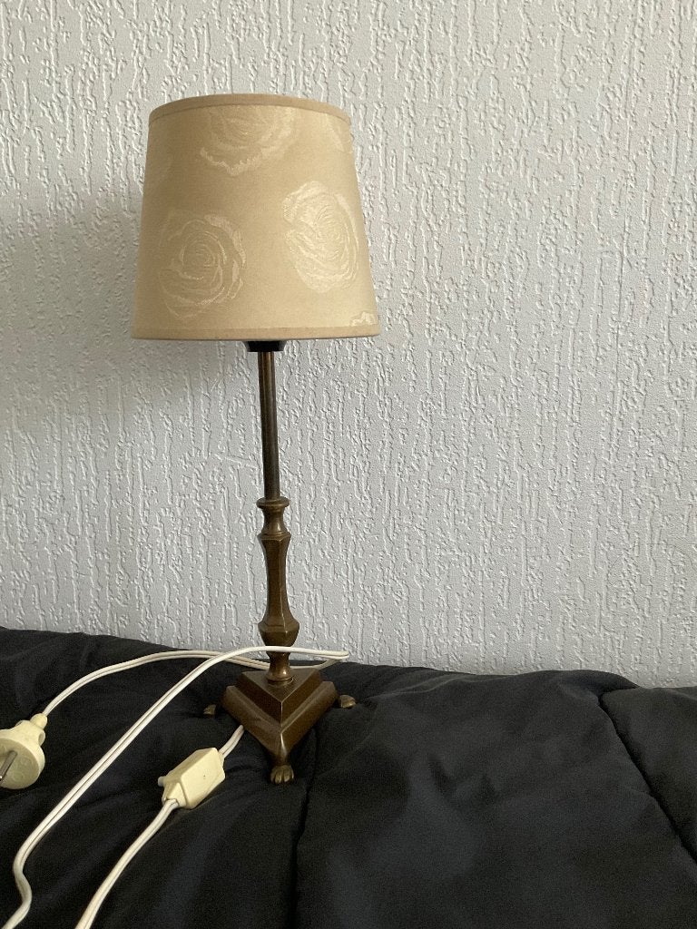 1 Bronzen tafelampvoet (30 cm hoog) + kapje, dikke fitting, Ophalen, Met schakelaar, Bruin, Metaal