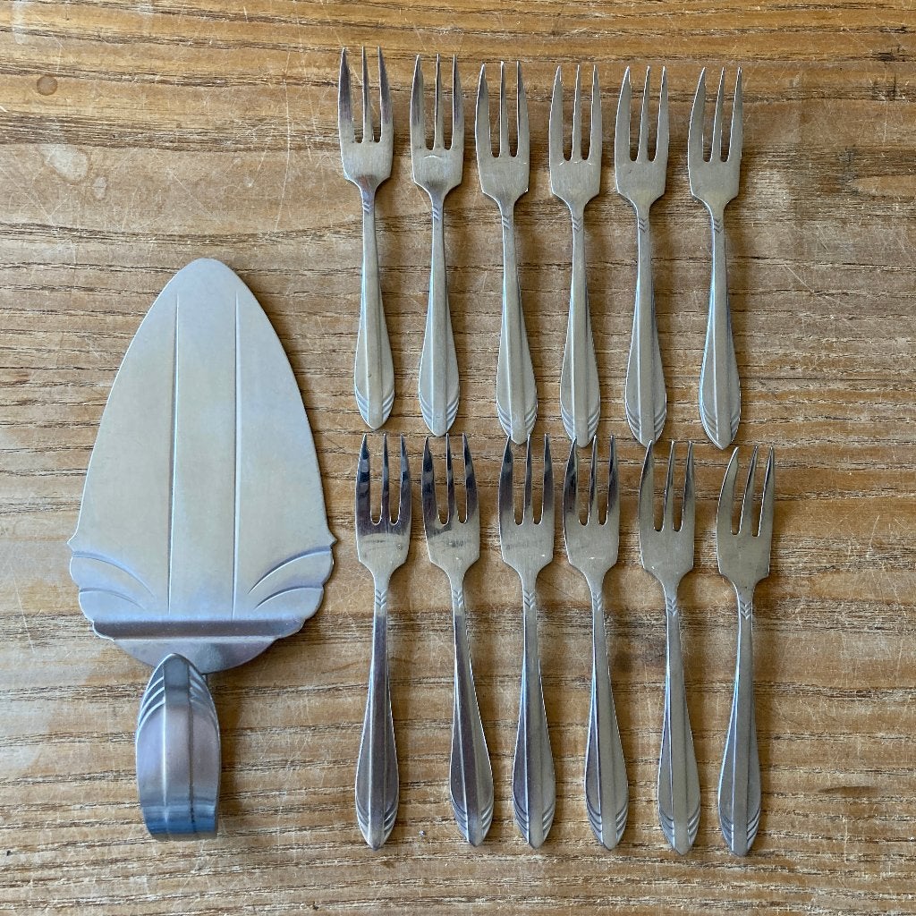 12 Vintage Gero Zilmeta visgraat gebaksvorkjes + taartschep, Antiek en Kunst, Antiek | Bestek, Ophalen of Verzenden