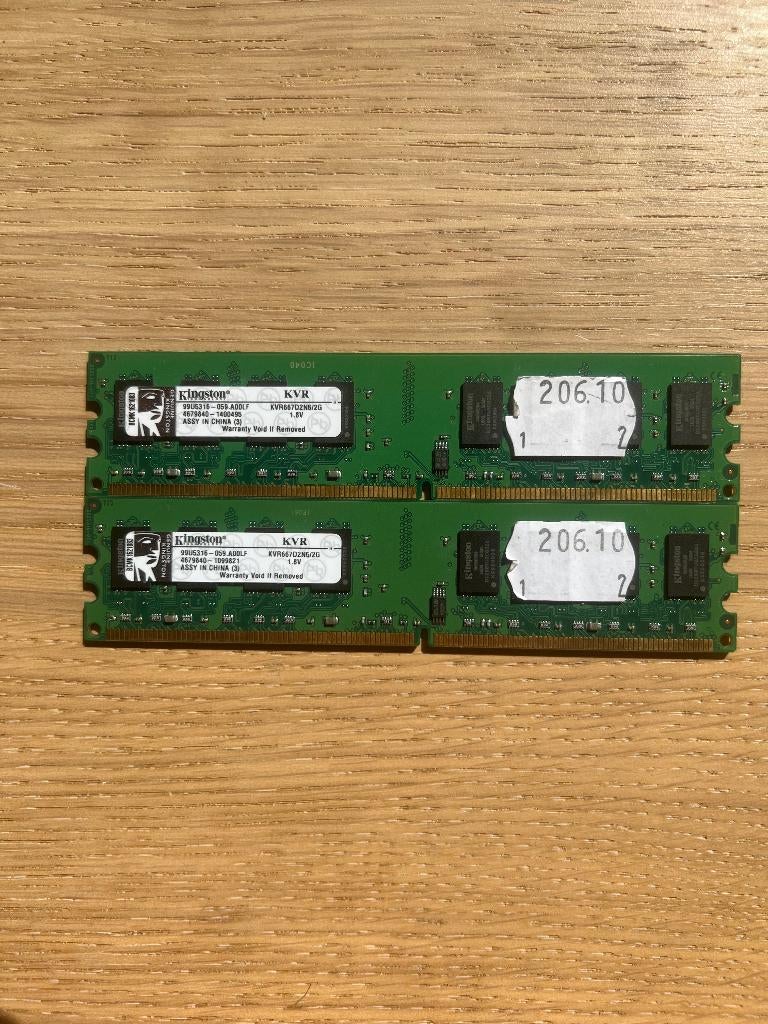 2GB Kingston DDR2 RAM (667MHz / PC2-5300) – Set van 2, Computers en Software, RAM geheugen, Gebruikt, Desktop, 2 GB, DDR2, Ophalen
