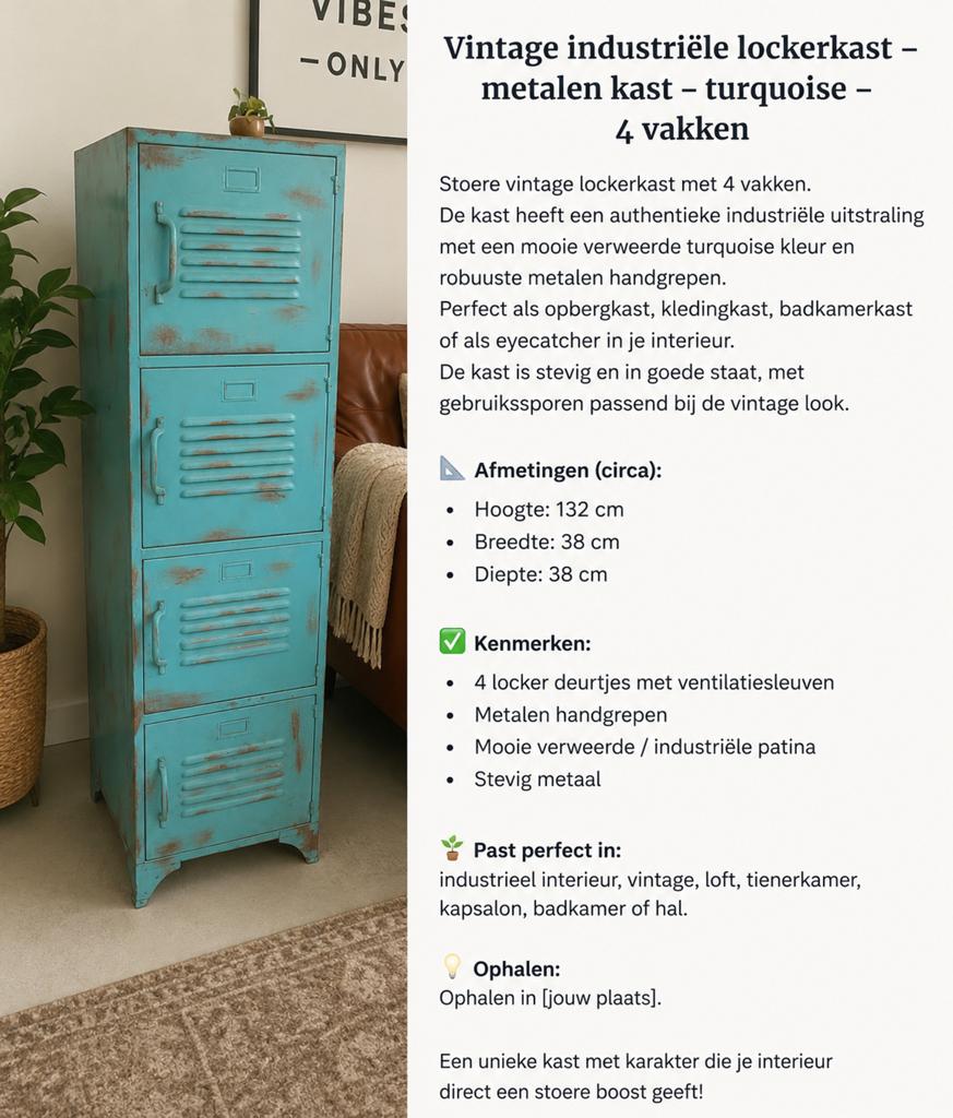 Vintage metalen locker kastje - industrieel groen, Ophalen of Verzenden, Gebruikt