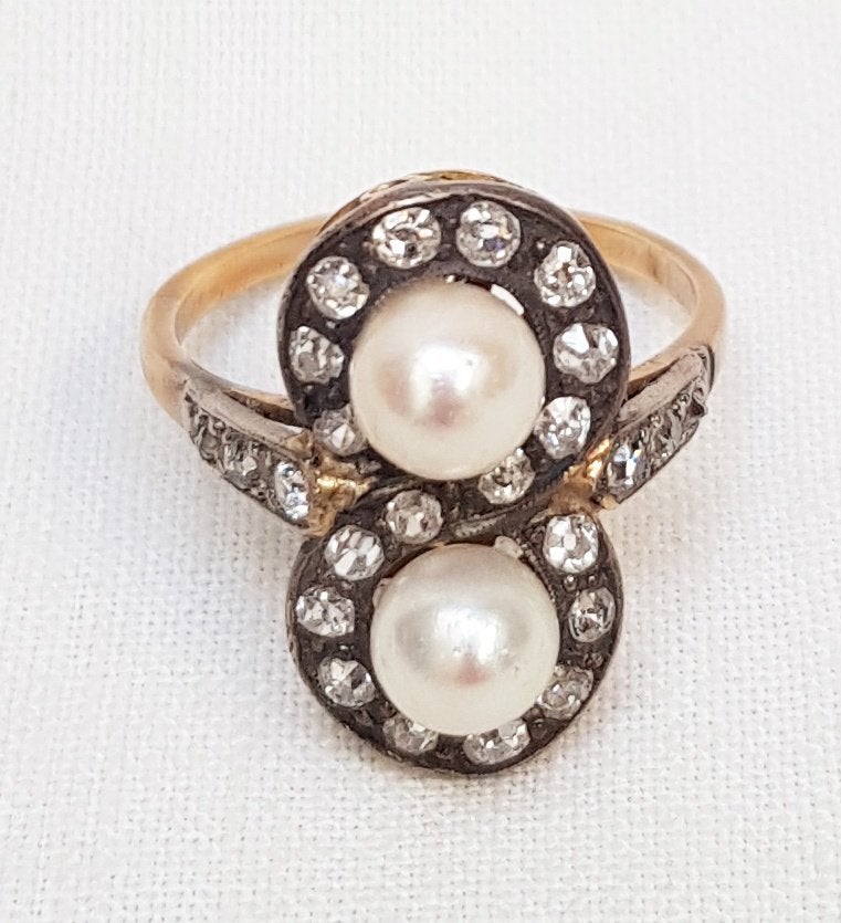 Ring vintage 14 kt parels diamant., Ophalen of Verzenden, Goud, Ring, Met edelsteen