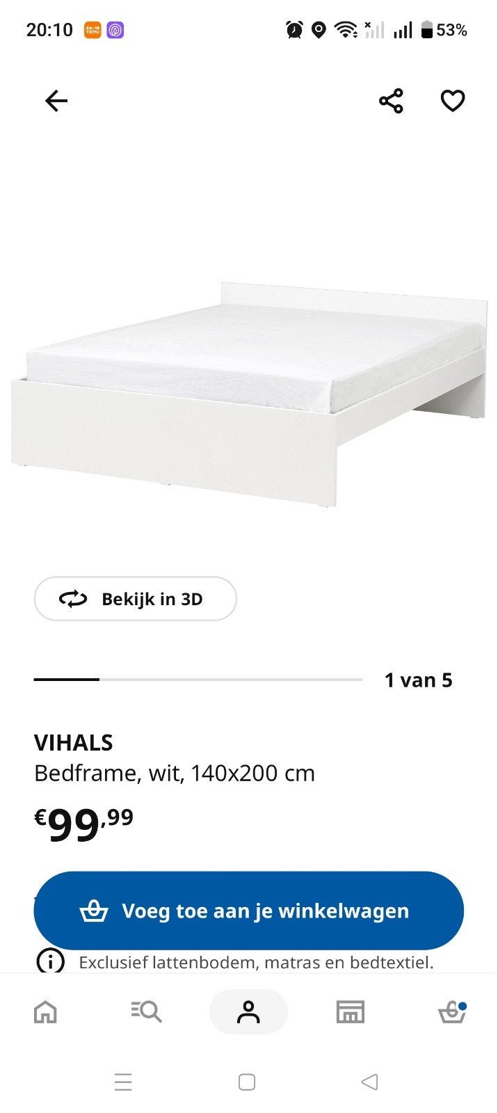 IKEA VIHAL Bedframe, VALEVÅG Matras, LURÖY Lattenbodem, Wit, Tweepersoons, Zo goed als nieuw, 200 cm