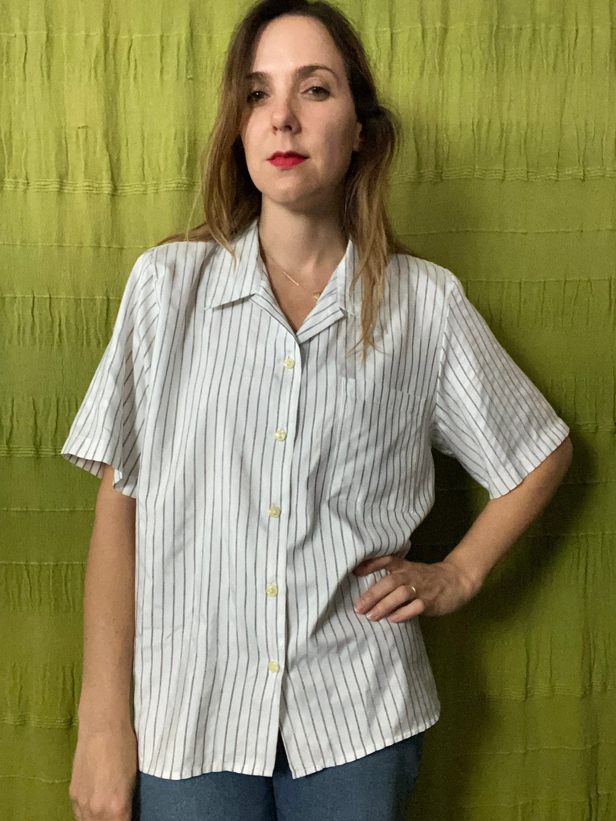 Vintage blouse / overhemd - wit met strepen - M/38, Maat 38/40 (M), Hgv, Wit, Hgv