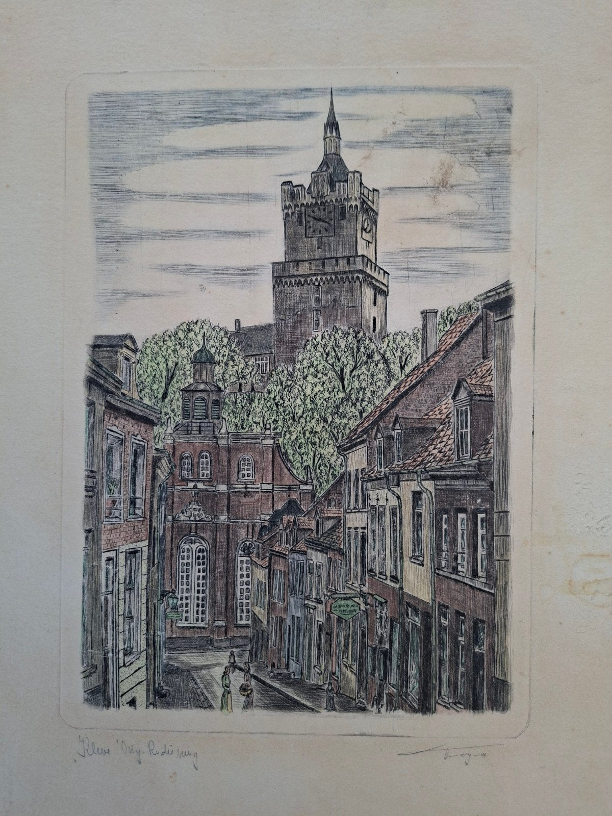 Kleve 'Orig. Radierung' -Ets van Stadgezicht Kleve, Antiek en Kunst, Ets, Stadsgezicht, Ophalen of Verzenden, Gesigneerd