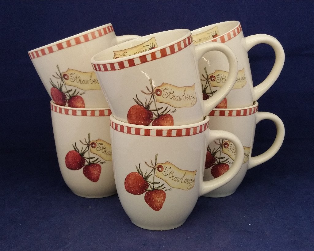 Jet Strawberry - 6 bekers / kopjes met oor (aardbeien), Ophalen of Verzenden, Zo goed als nieuw, Overige stijlen, Kop(pen) en/of Schotel(s)