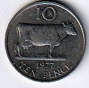 10  pence  1977  Guernsey. km. 30, Ophalen of Verzenden, Overige landen, Losse munt