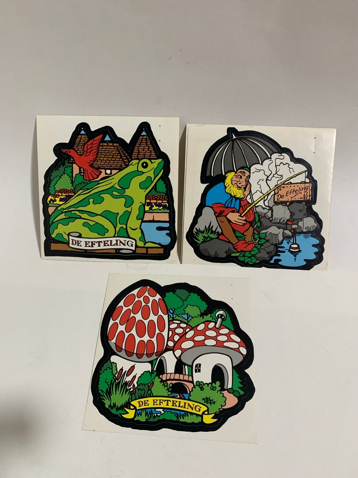 Vintage Efteling Stickers Set - Kikker, Visser, Paddenstoel, Verzamelen, Efteling, Ophalen of Verzenden, Zo goed als nieuw, Overige typen
