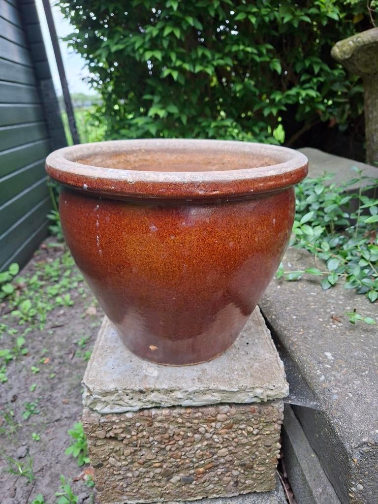 Mooie bruine geglazuurde bloempot van aardewerk, Tuin en Terras, Ophalen of Verzenden