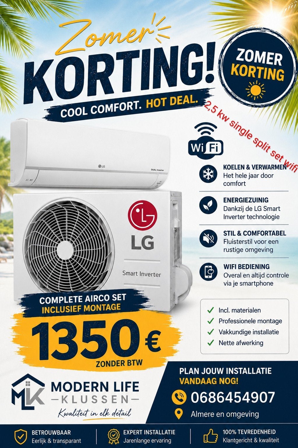 AIRCO LATEN PLAATSEN  20% korting, Witgoed en Apparatuur, Airco's, Nieuw, Wandairco, 60 tot 100 m³, 3 snelheden of meer, Verwarmen