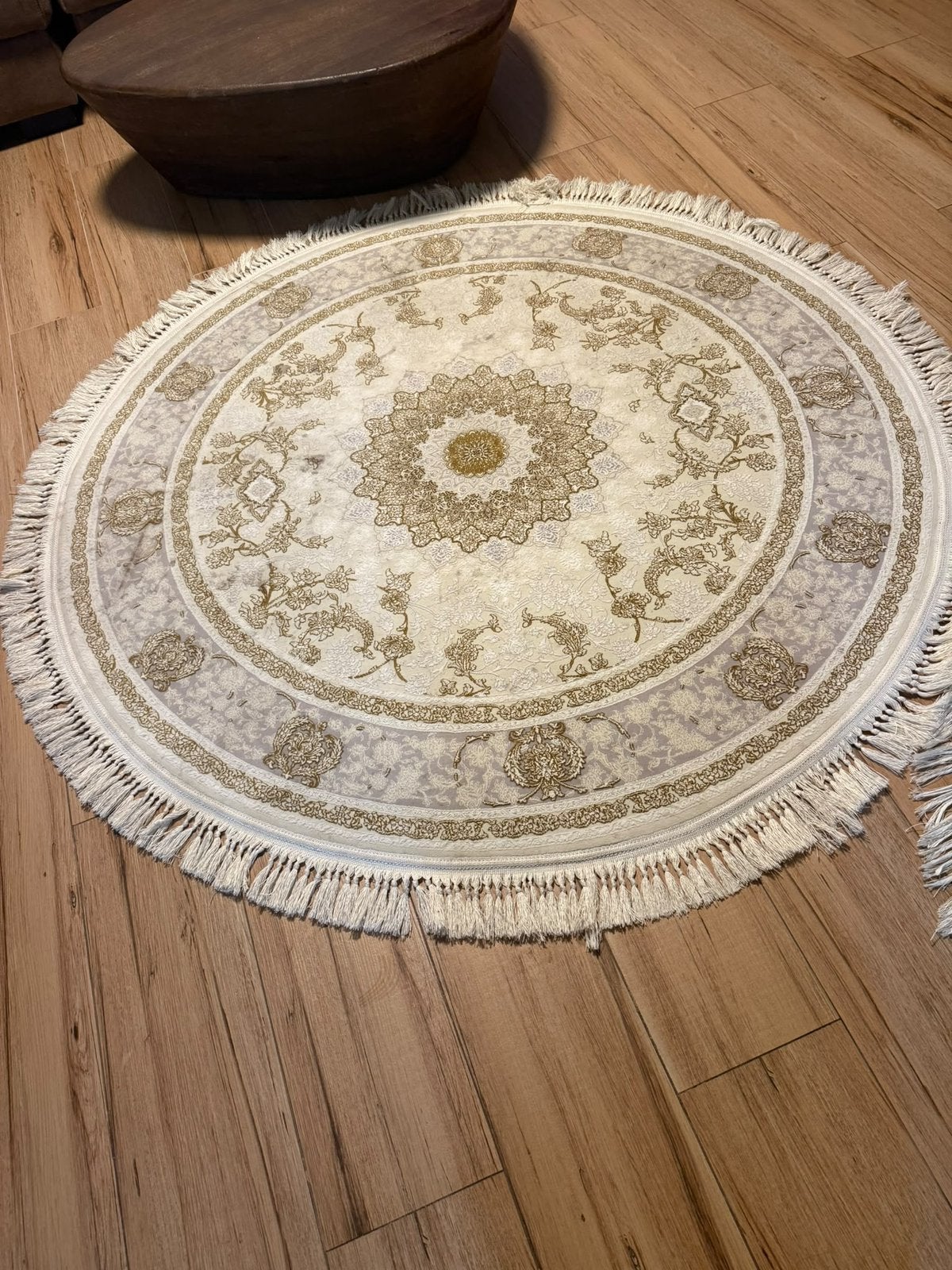 3 Luxe Vloerkleden – 2 Rond & 1 Rechthoekig – Beige/Goud, Ophalen, 200 cm of meer, Zo goed als nieuw, 200 cm of meer