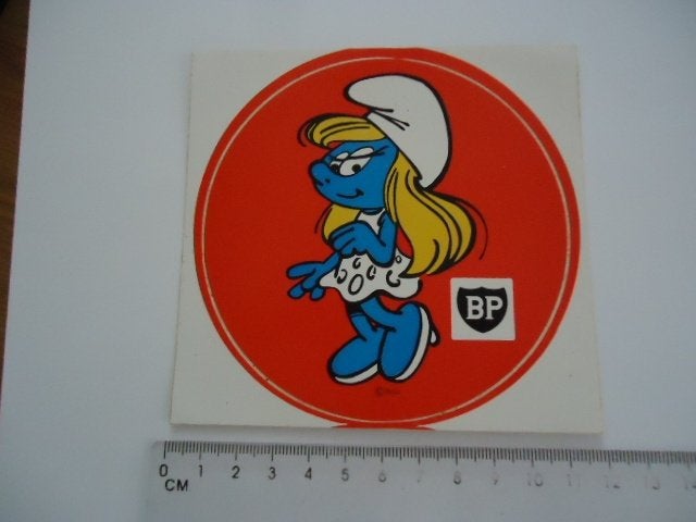 sticker oud Smurf Smurfin Peyo strip vintage BP OIL auto, Ophalen of Verzenden, Zo goed als nieuw, Bedrijf of Vereniging