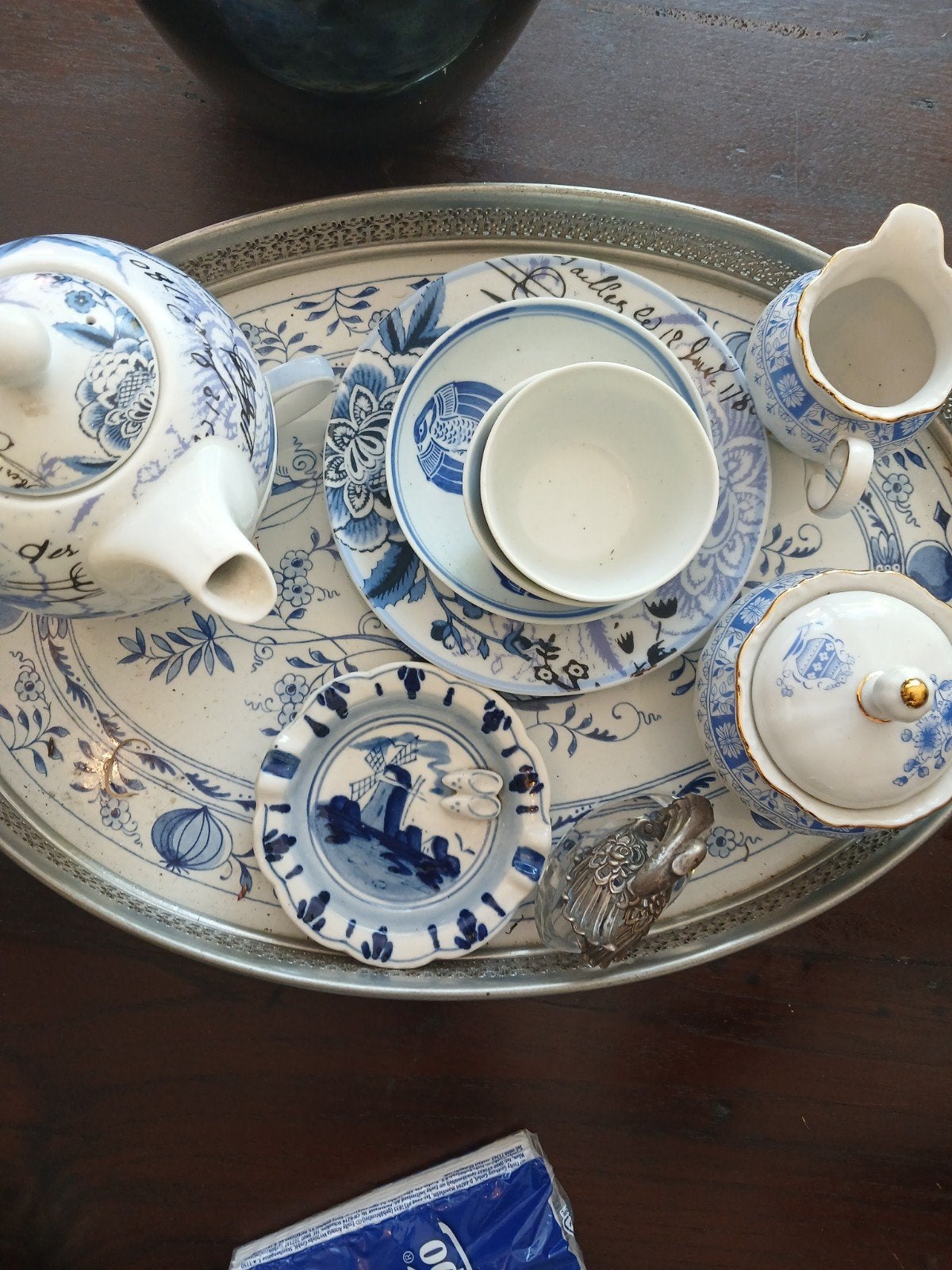 Antiek Delfts Blauw Theeservies op Zilveren Dienblad, Antiek en Kunst, Ophalen of Verzenden