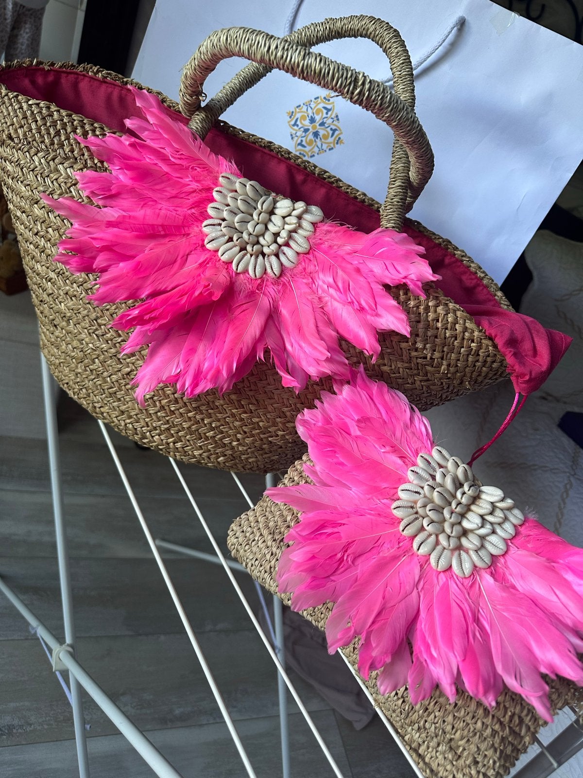 Exclusieve Strandtas met Roze Veren en Schelpen, Ophalen, Nieuw