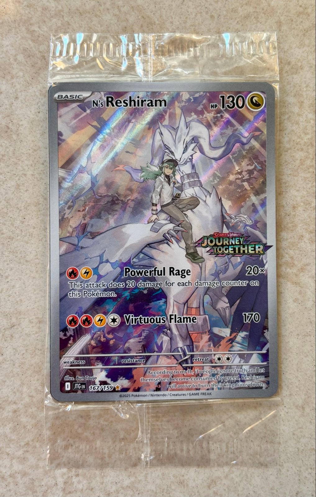 N's Reshiram Pokemon Kaart - 167/159 Stamped & Sealed ‼️, Ophalen of Verzenden, Zo goed als nieuw, Losse kaart, Foil