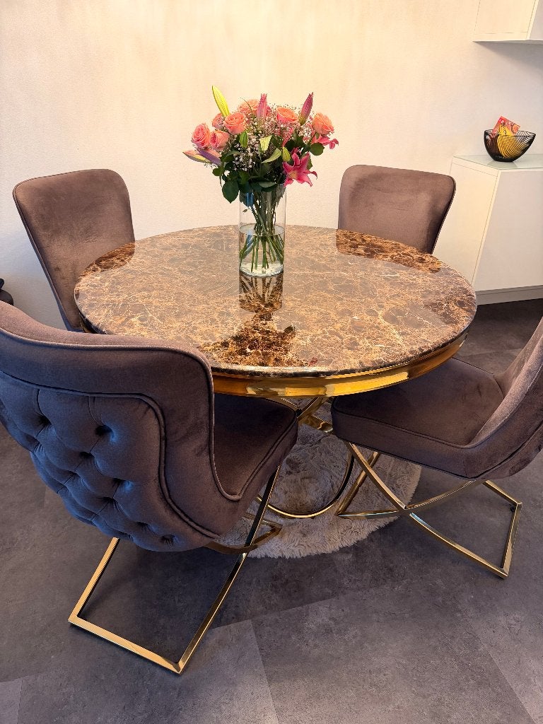 Luxe ronde eettafel marmerlook met 4 velvet eetkamerstoelen, Huis en Inrichting, Ophalen, Luxe, Rond, Zo goed als nieuw