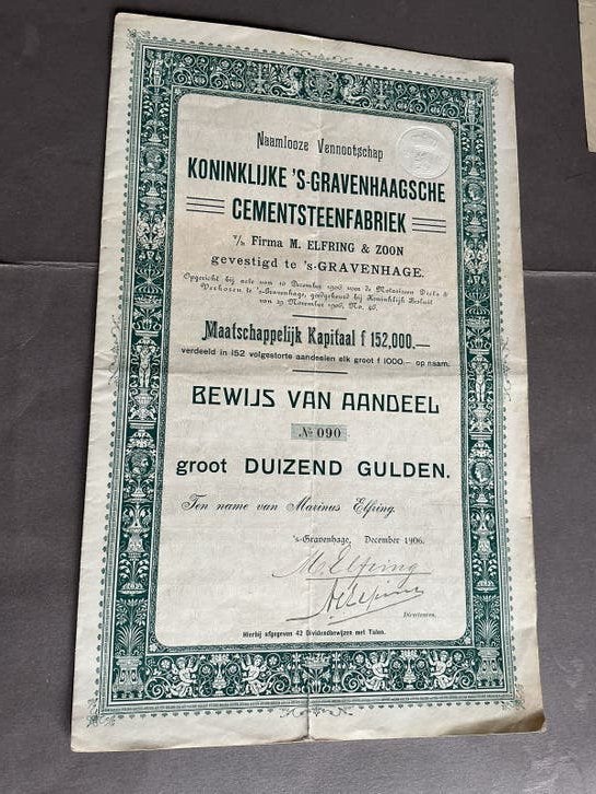 Aandeel Kon. 's-Gravenhaagsche Cementsteenfabriek  1906, Verzenden, Voor 1920, Aandeel