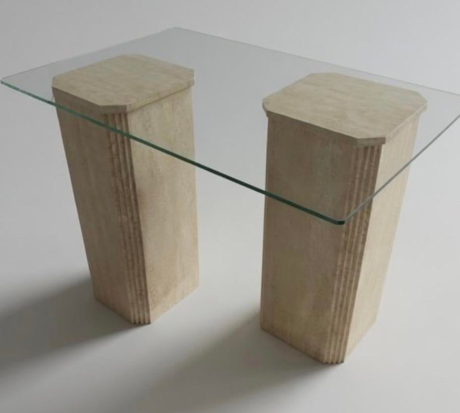 Italian Travertine&Glass Table in the Manner of Carlo Scarpa, Verzenden, Zo goed als nieuw