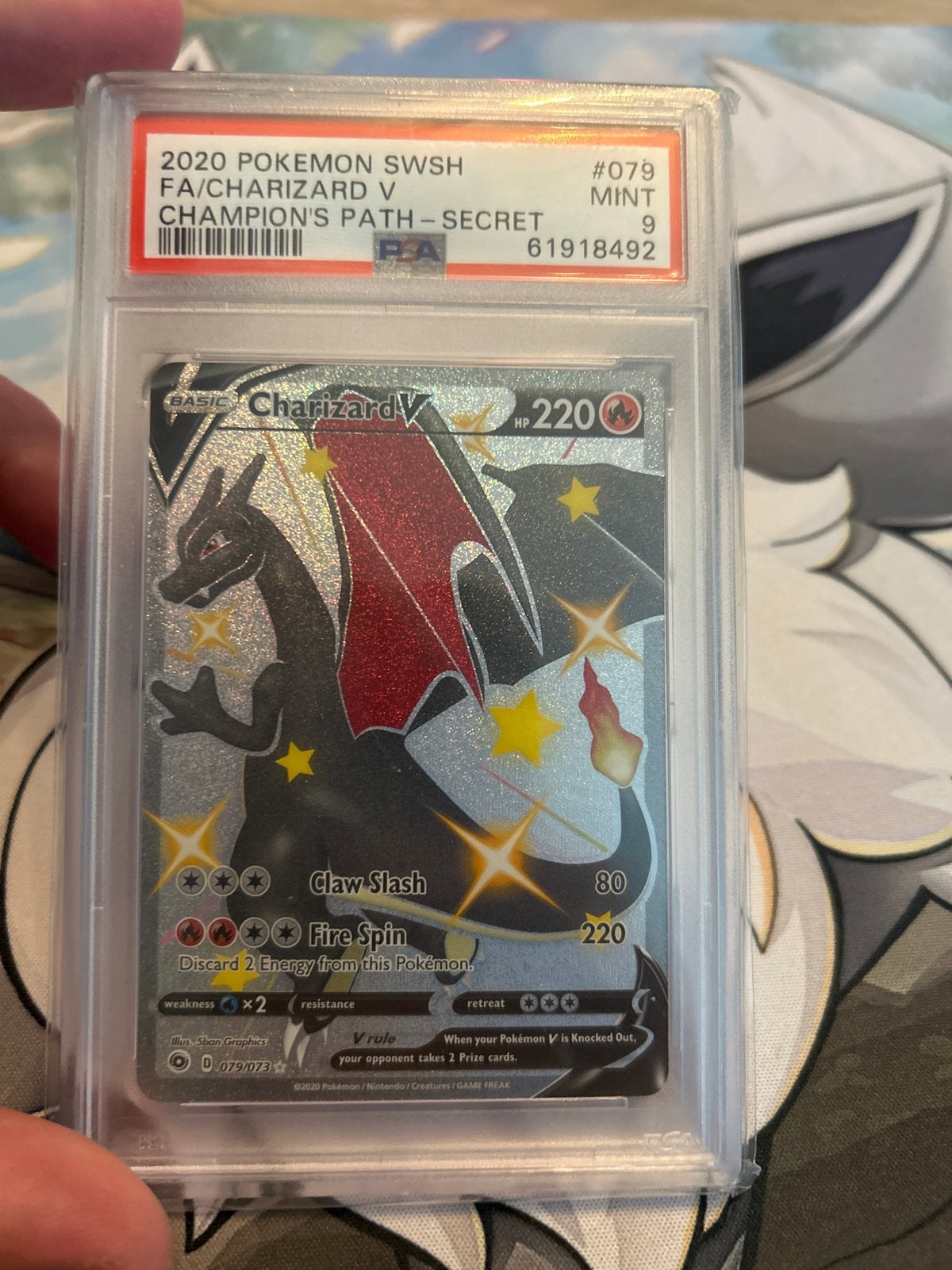 PSA 9 Charizard V (Shiny) SWSH079 - Champions Path, Ophalen of Verzenden, Zo goed als nieuw, Losse kaart, Foil