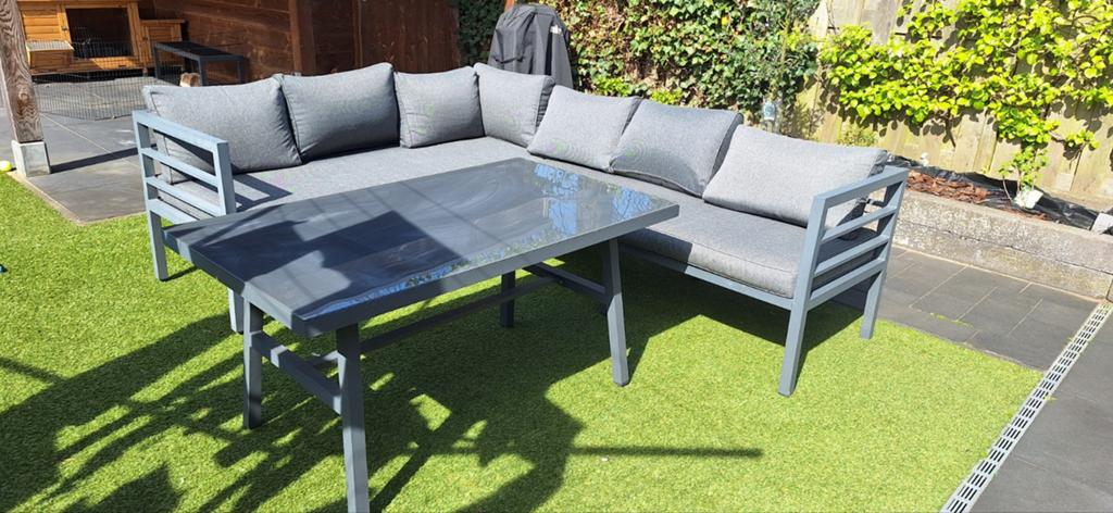 Moderne aluminium loungeset met glazen tafel, 5 zitplaatsen, Bank, Aluminium, Ophalen of Verzenden