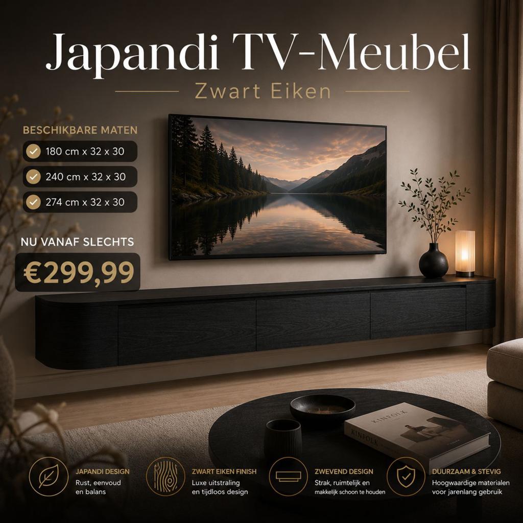 Japandi tv meubel zwevend zwart eiken, Huis en Inrichting, Kasten | Televisiemeubels, 150 tot 200 cm, Ophalen of Verzenden, Zo goed als nieuw