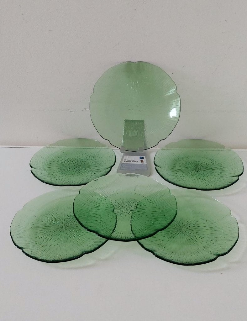 6 Arcoroc France Lotus borden groen glas vintage jaren 70, Ophalen of Verzenden