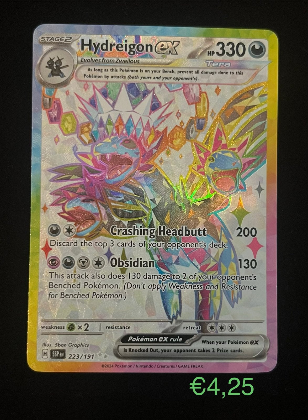 Hydreigon ex 223/191 Tera Pokémon Kaart - Foil, Ophalen of Verzenden, Zo goed als nieuw, Losse kaart, Foil