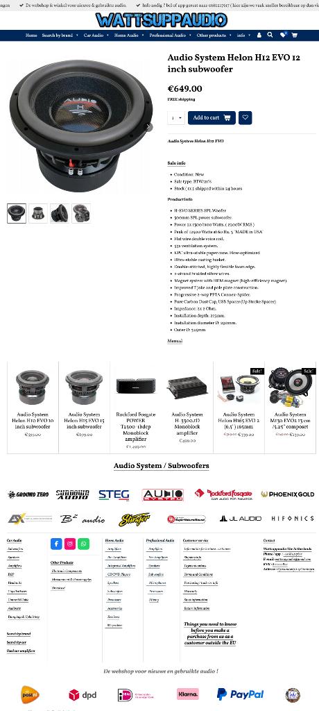 Audio System Helon H12 EVO 12 inch subwoofer 2200W RMS, Auto diversen, Autospeakers, Info@optimount.nl, Nieuw, Ophalen of Verzenden