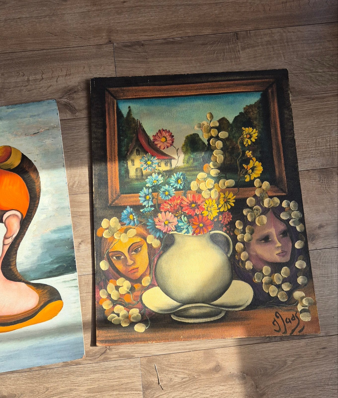 2x Originele Franse Surrealistische Schilderijen Haas, Antiek en Kunst, Stilleven, Hout, Ophalen of Verzenden, Gesigneerd