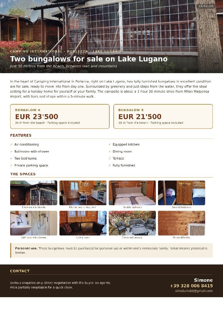 For sale 2 bungalows in chalet style near Como - Lake side, Vakantie, Zwembad, Dorp, 2 slaapkamers, Lombardije en Merengebied