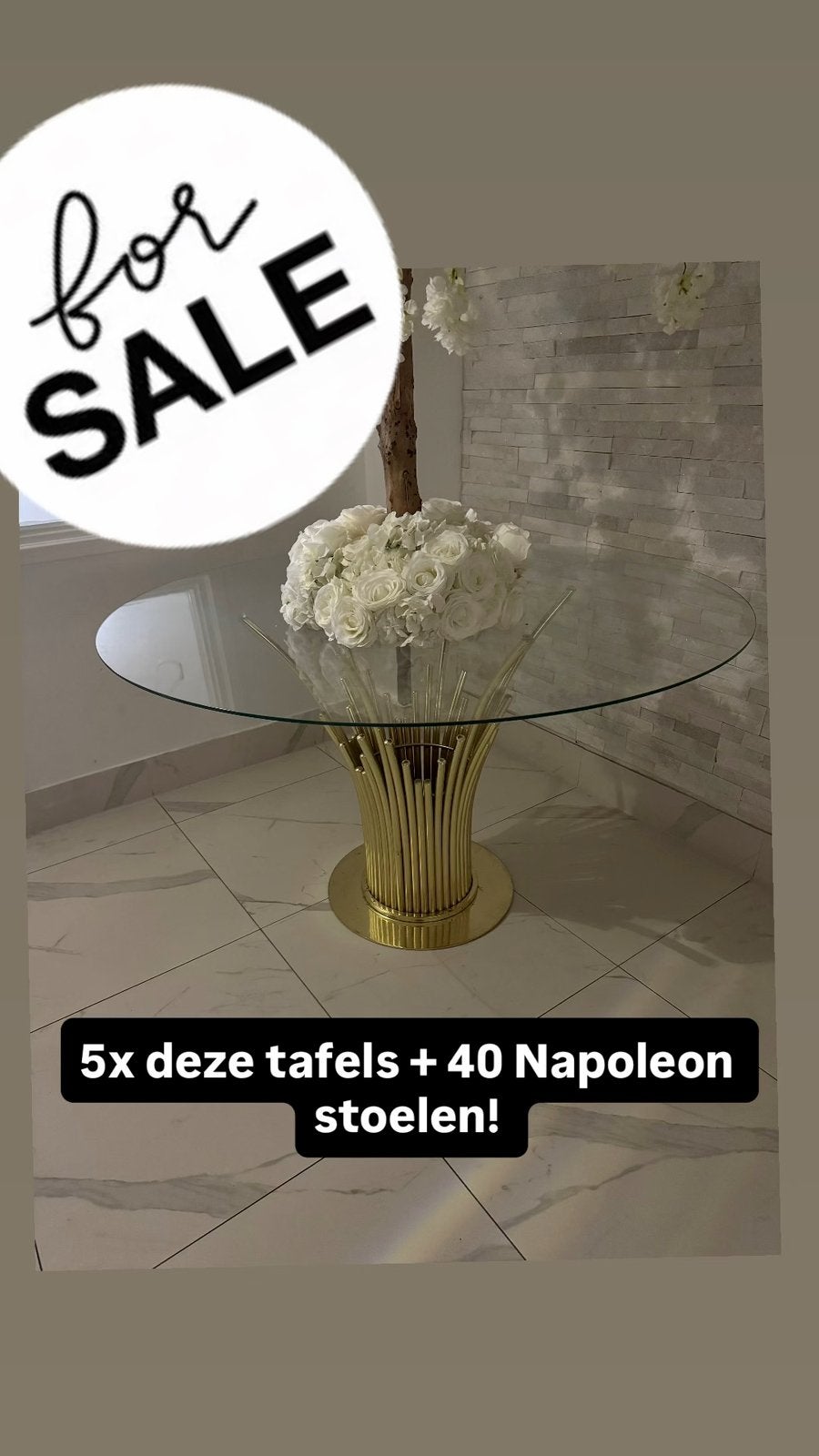 5x glazen tafel met gouden onderstel 152cm, Ophalen of Verzenden, Zo goed als nieuw