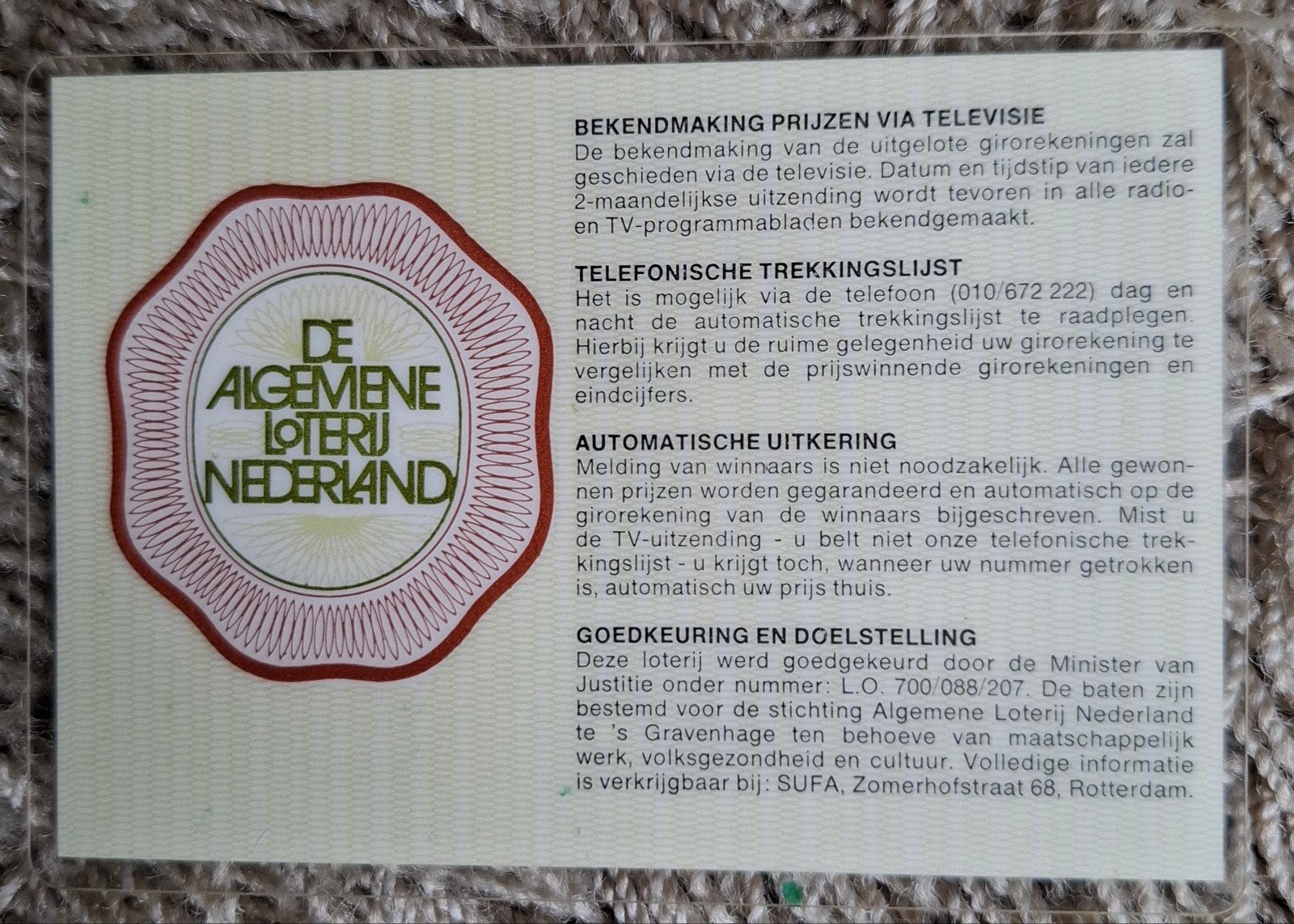 Geplastificeerd pasje Algemene Loterij Nederland, Ophalen of Verzenden, Gebruikt