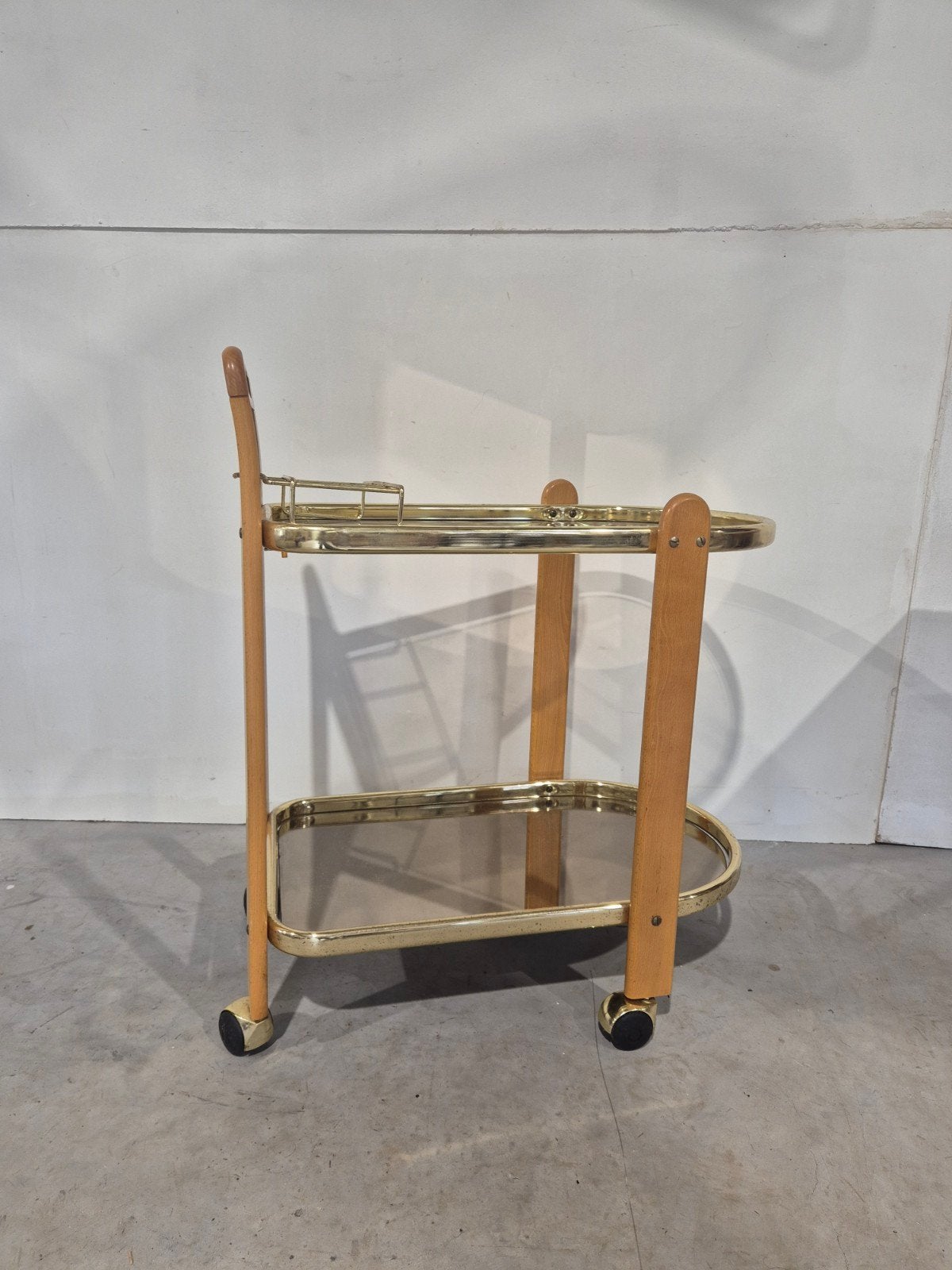 Mid century italiaanse trolley barcart messing beukenhout, Ophalen, Gebruikt, Onbekend, Onbekend
