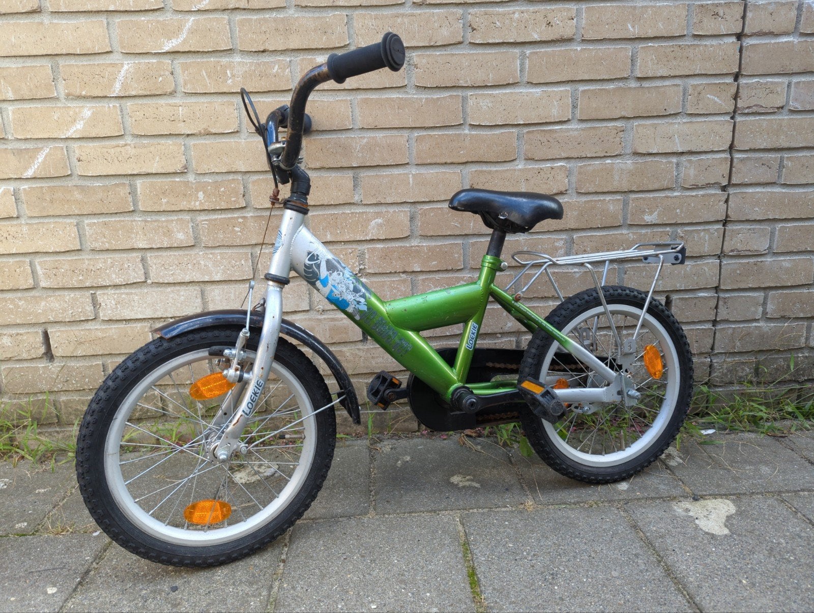 Loekie 16 inch kinderfiets - Groen/Zilver, Ophalen, Terugtraprem, Zijwieltjes, Loekie