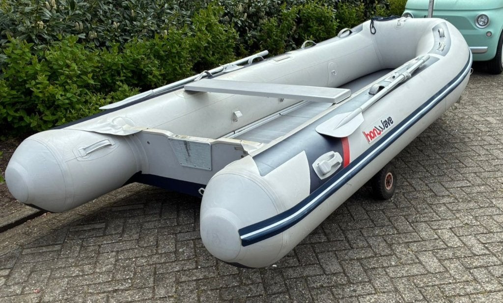 TK.Rubberboot+buitenboordmotor+ looptrailer, Watersport en Boten, Rubberboten, Aluminium, Gebruikt, 4 m, 4 pk
