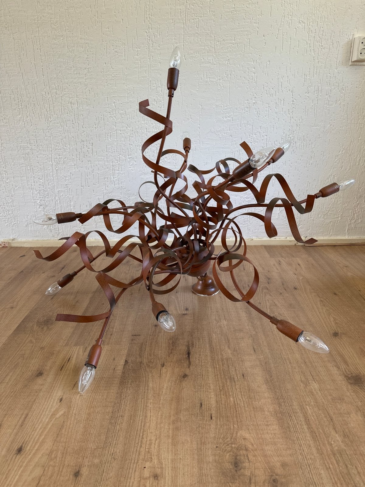 Unieke Design Plafondlamp - Roestbruin Metaal, Ophalen, Zo goed als nieuw, Metaal, E14 (klein)