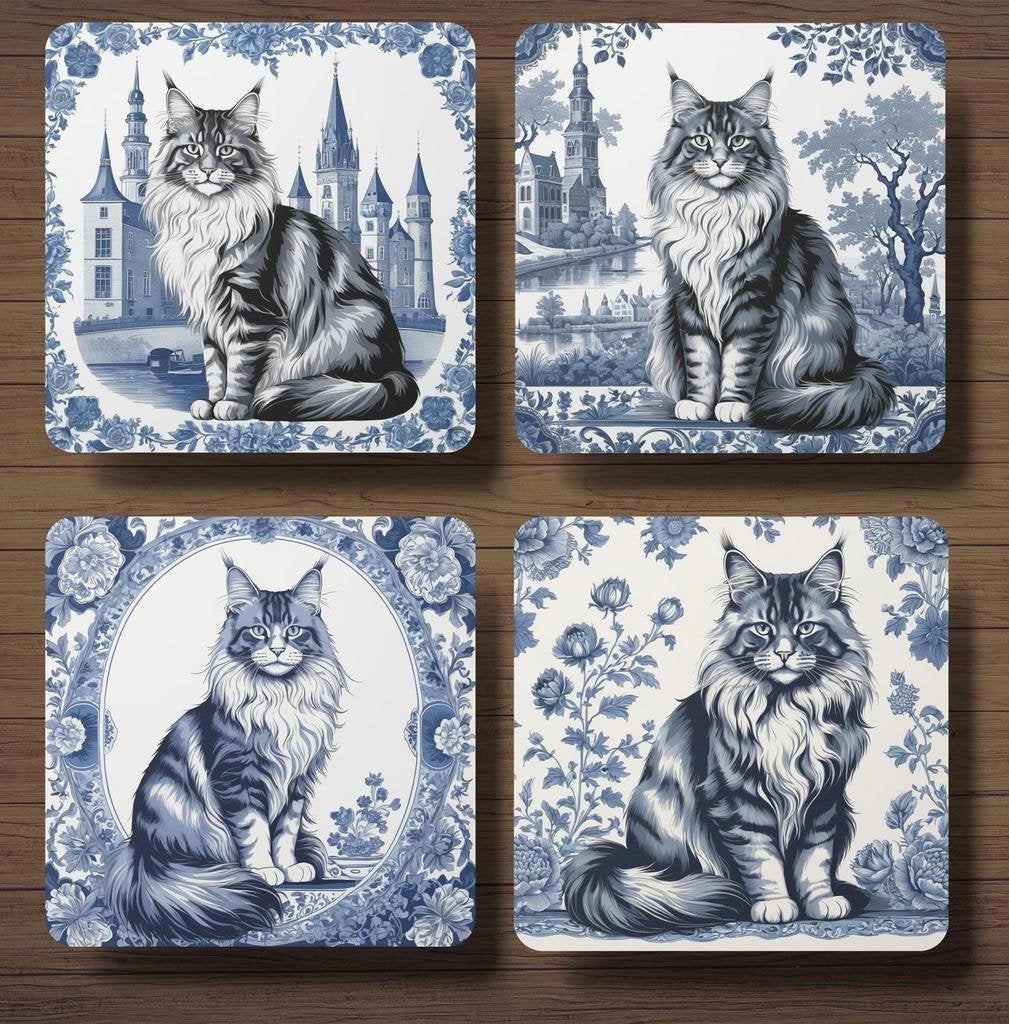 Maine Coon Delfts Blauw onderzetters met houder, Ophalen of Verzenden, Nieuw
