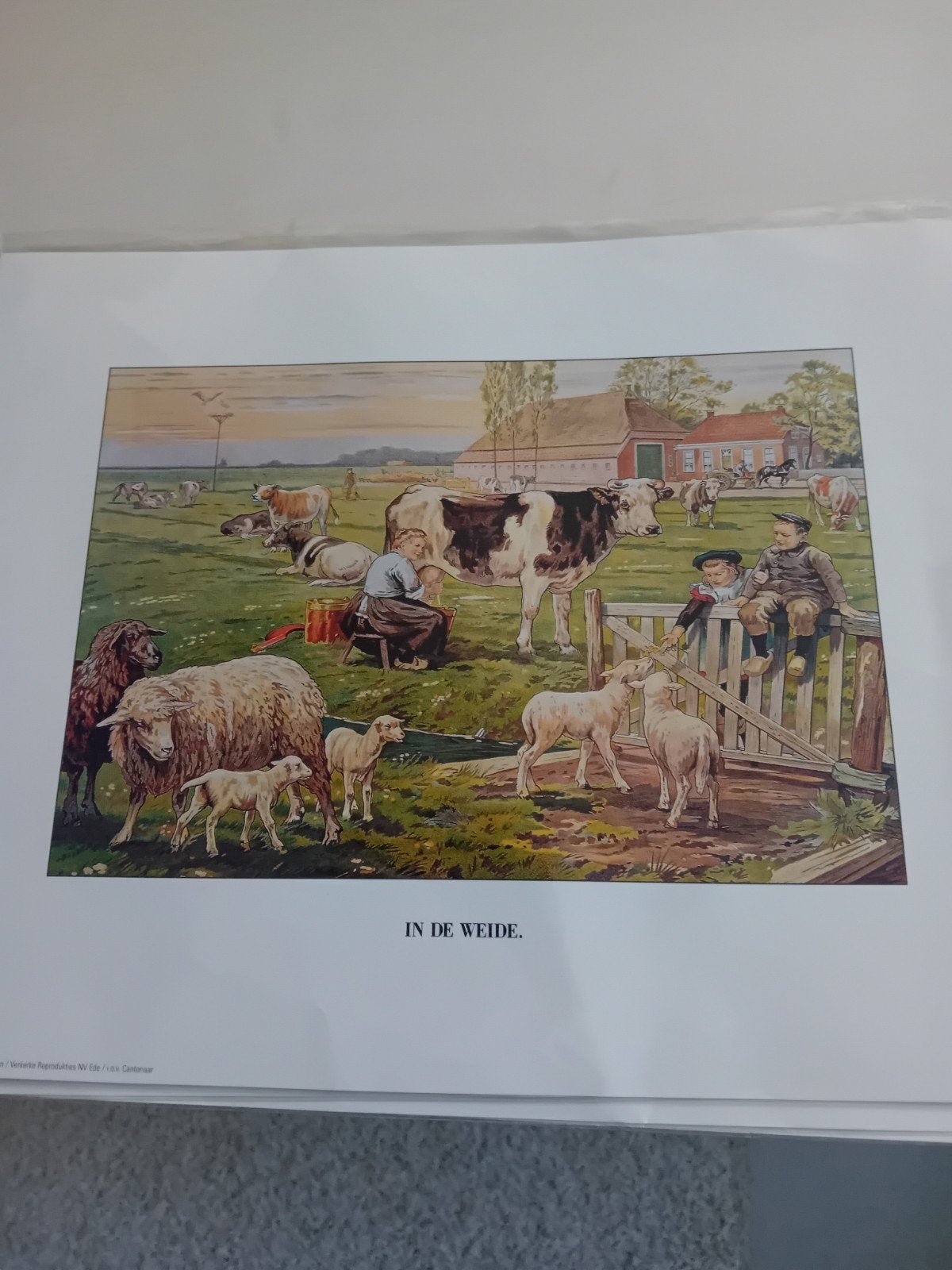 Vintage print 'In de Weide' - Landelijk tafereel, Antiek en Kunst, Ophalen