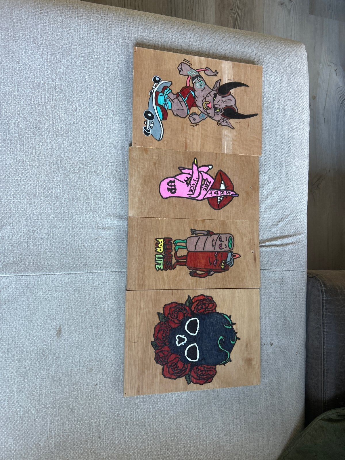 Set van 4 handgeschilderde houten panelen, Ophalen, Schilderij, Gemengde techniek, Handgemaakt