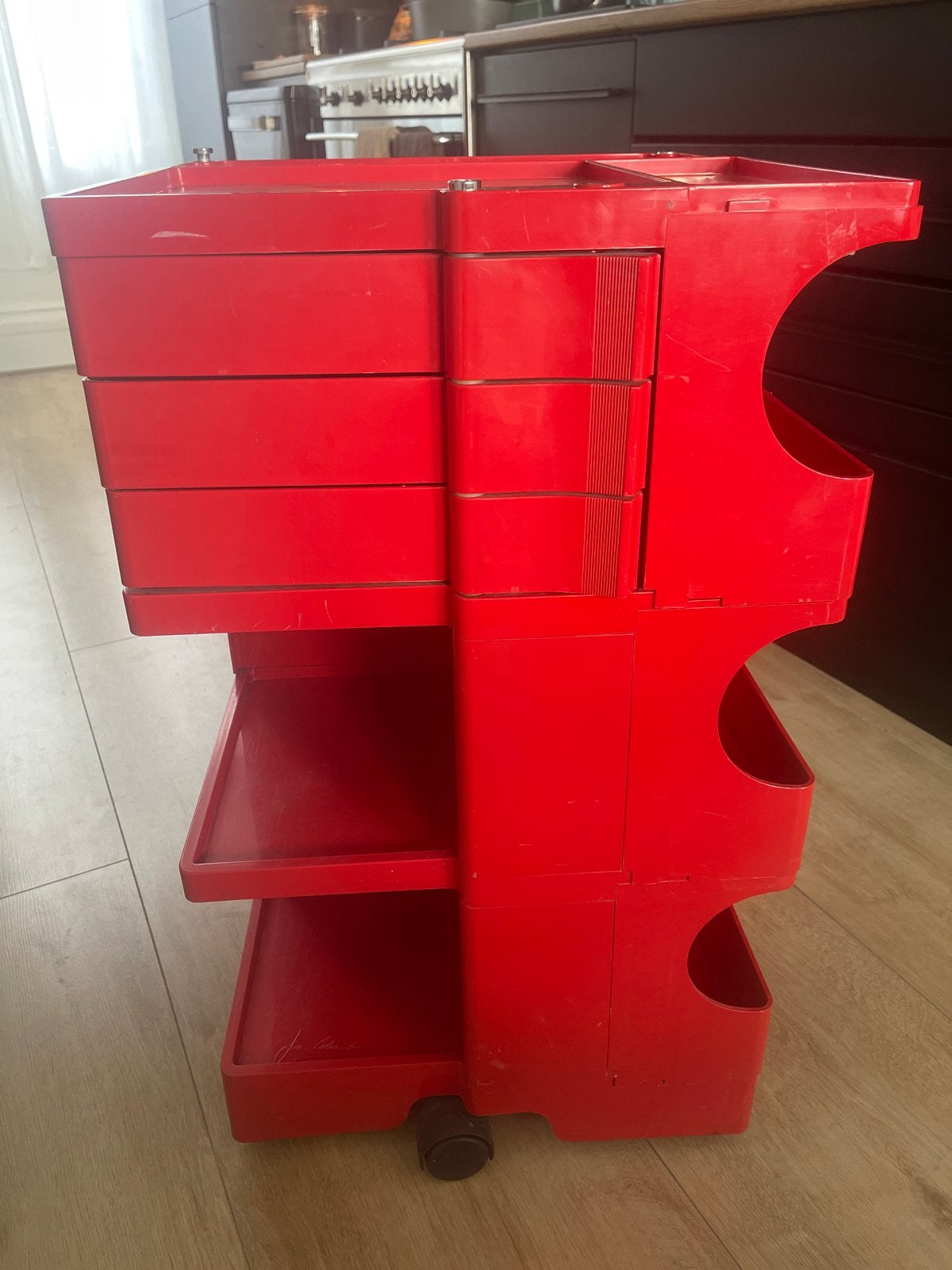 Vintage Boby 3 lade trolley van Joe Colombo, rood, Ophalen, Gebruikt