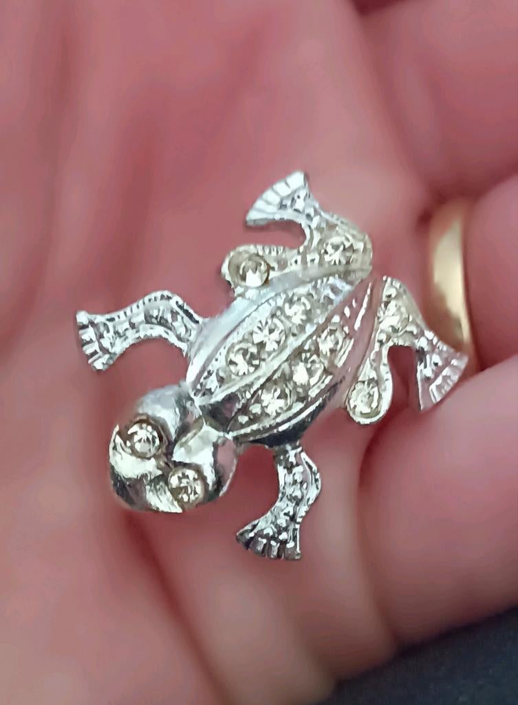 Vintage zilverkleurige kikker broche, Antiek en Kunst, Ophalen of Verzenden, Kinderen