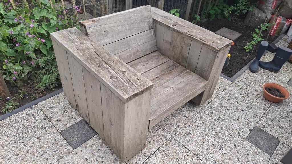 Robuuste houten tuinstoel - buitenfauteuil, Ophalen, Gebruikt, Hout