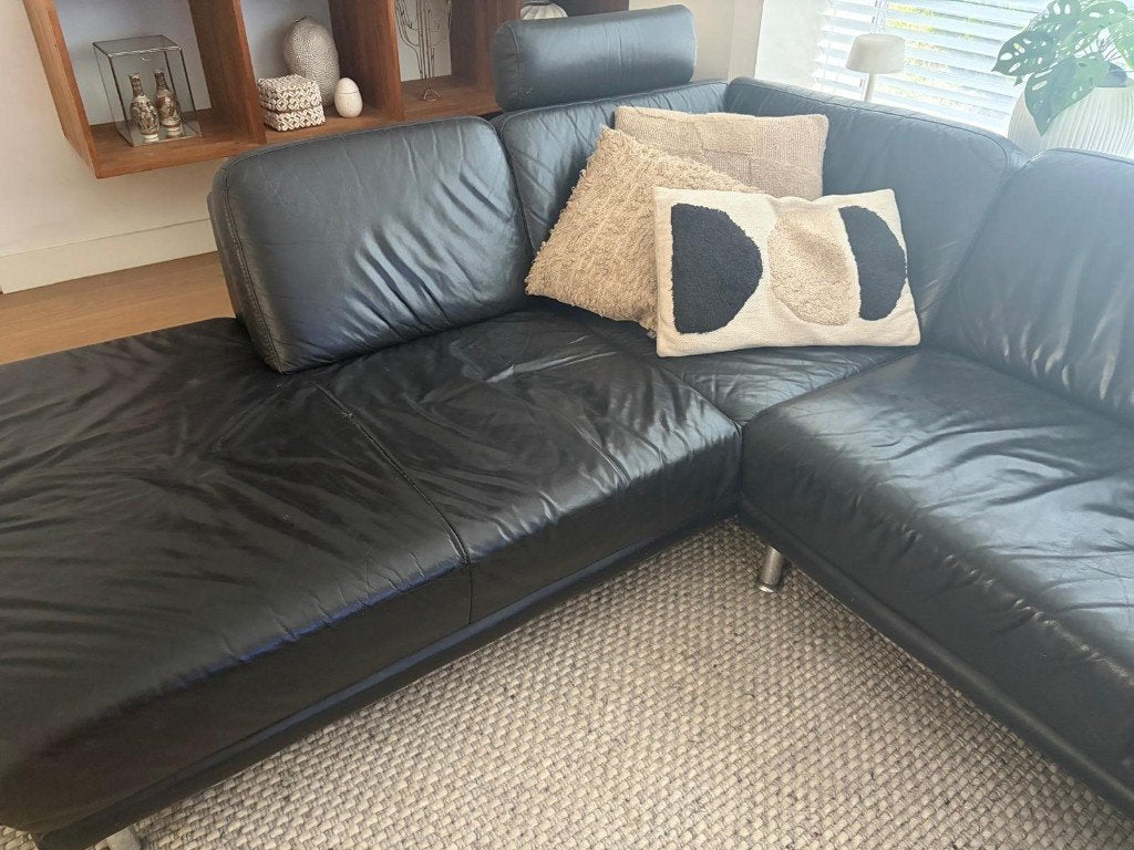 Design Hoekbank in Zwart Leer, Ophalen, 250 tot 300 cm, Gebruikt, Hoekbank