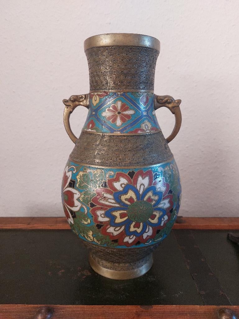 Prachtige Antieke Japanse Champlevé/Cloisonné Vaas, Ophalen of Verzenden