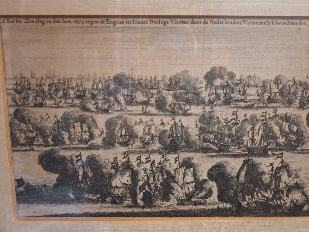 Oude tekening Zee slag 1680, Achter glas, Oud hollands, Overige ondergronden, Ophalen of Verzenden