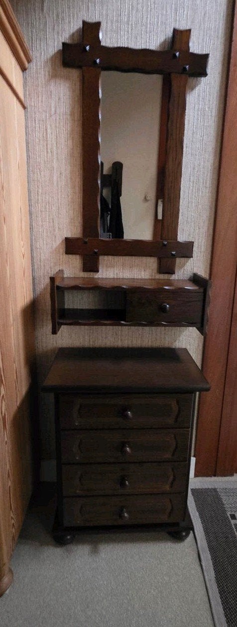 Ladekast, kaptafel en spiegel in massief eiken., Ophalen, Gebruikt, Eikenhout, 50 tot 100 cm