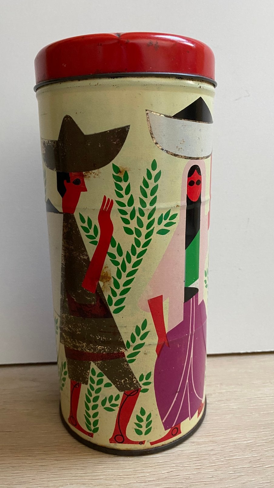 Vintage koffieblik met grafisch ontwerp AH - 1950s, Verzamelen, Ophalen of Verzenden, Zo goed als nieuw