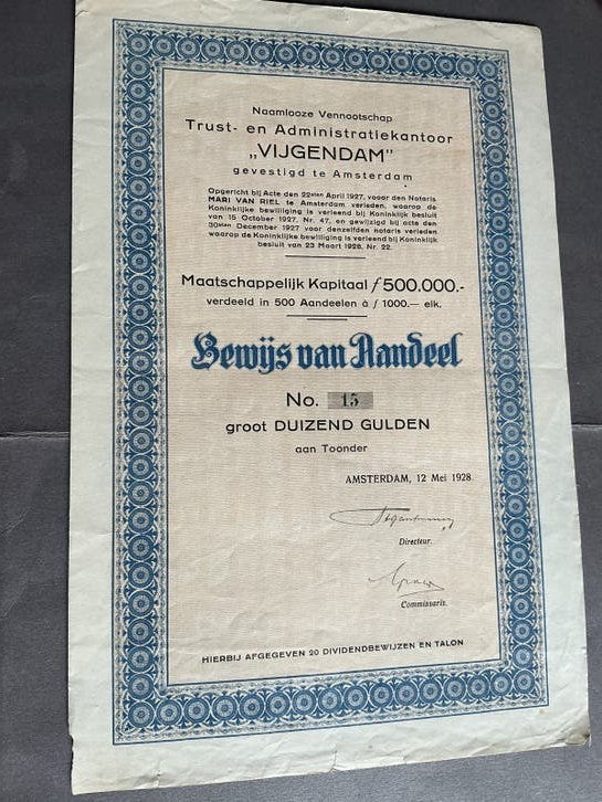 Historisch Aandeel Trust- en Administratiekantoor "VIJGENDAM, Verzenden, 1920 tot 1950, Aandeel