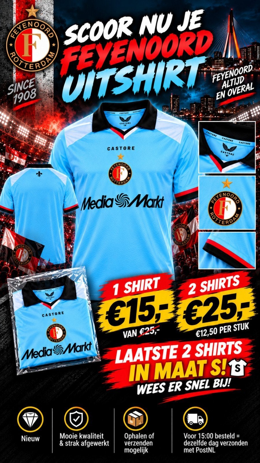 Feyenoord Uitshirt 2026/2027 – Laatste 2x Maat S – Nieuw, Maat 38/40 (M), Zwart, Nieuw, Ophalen of Verzenden