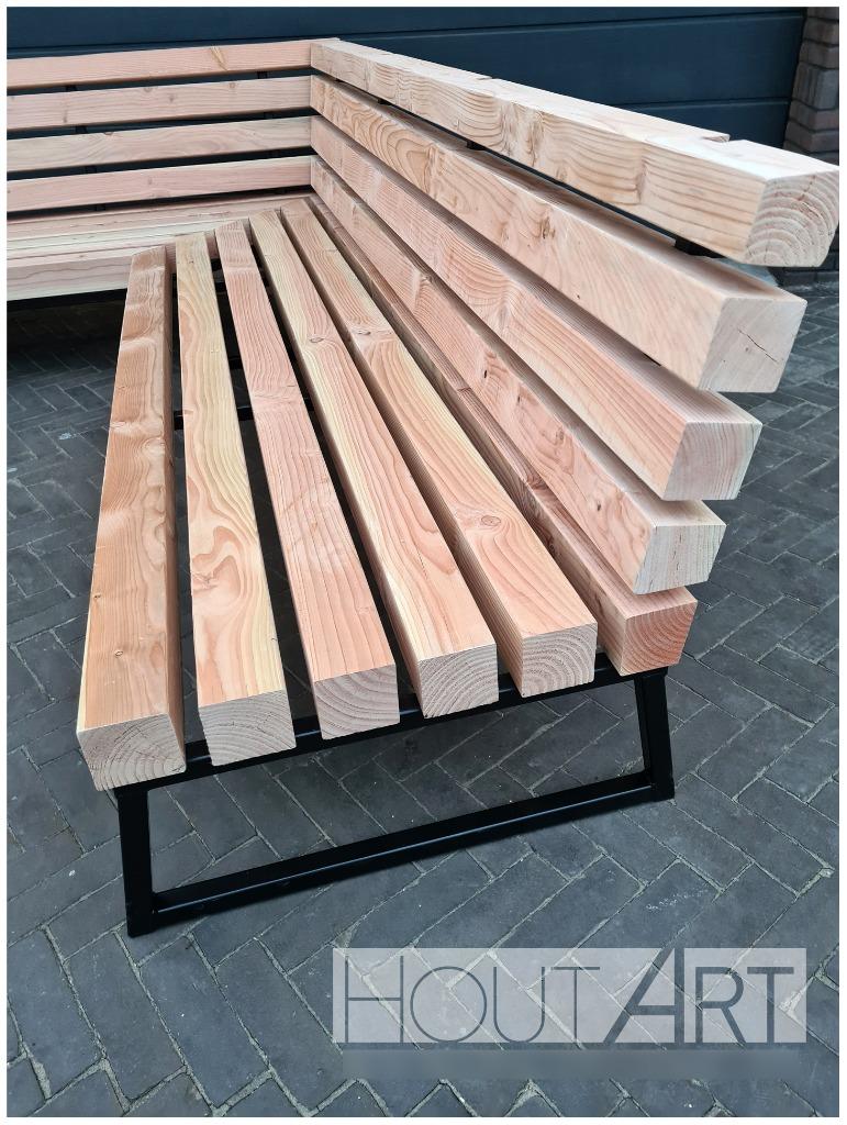 L-vorm Hoek loungebank Massive staal met douglas balken, Tuin en Terras, Tuinsets en Loungesets, 4 zitplaatsen, Hardhout, Bank