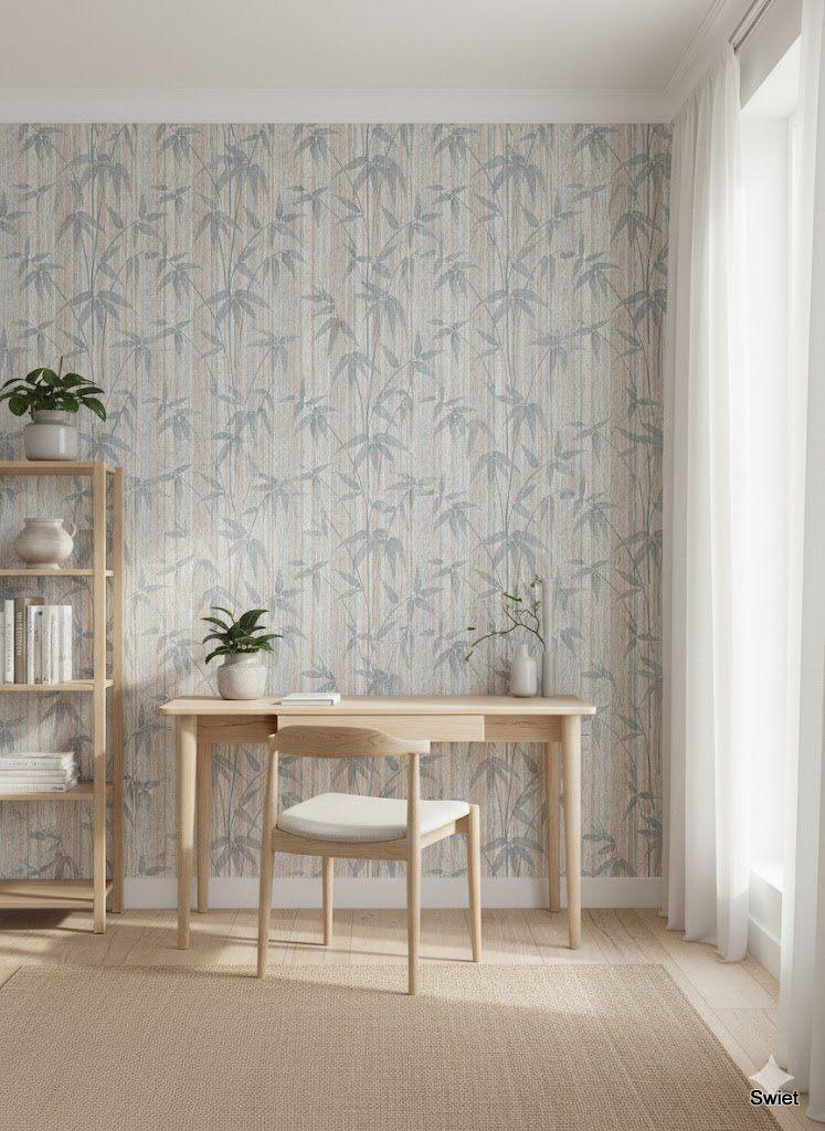 13604 vergrijsd blauw bamboe behang vintage swiet, Ophalen of Verzenden, 25 tot 50 m², Wit